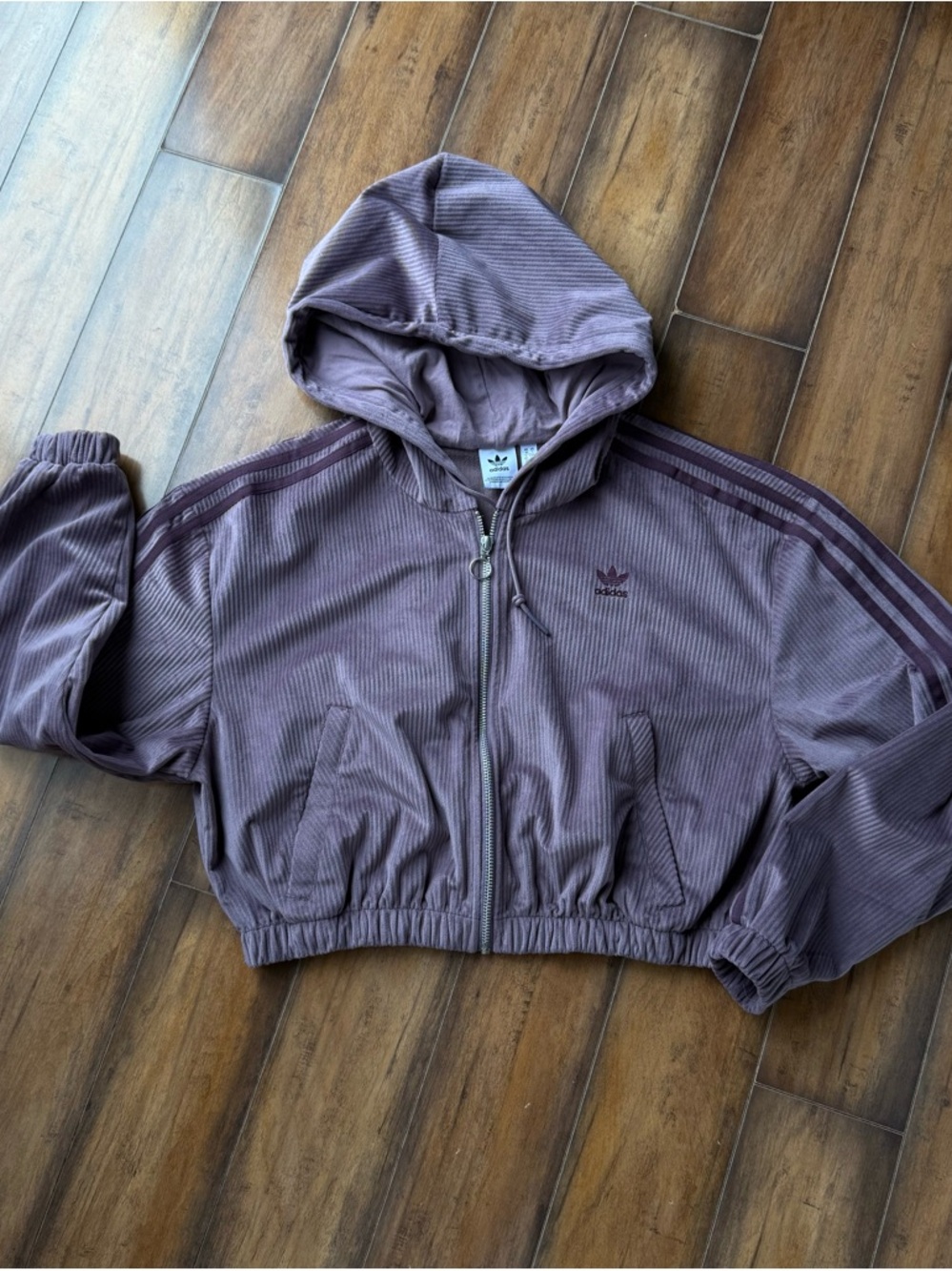 ADIDAS Women’s Small Lavender/Plum Velvet Ribbed Hooded Zip Jacket, Pockets